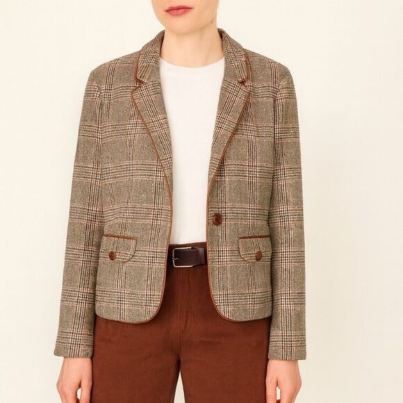 Lands' End Jackets & Blazers - Lands End Glen Plaid Single Button Blazer Tan & Brown Leather Buttons Size 16
